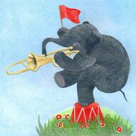 Picture of an elephant playing the trombone