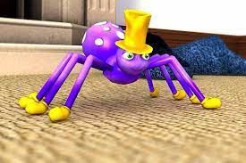 A purple cartoon spider wearing a yellow tophat
